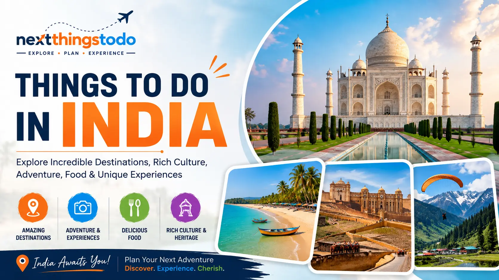 Things to do in India banner featuring destinations across Rajasthan, Kerala and the Himalayas
